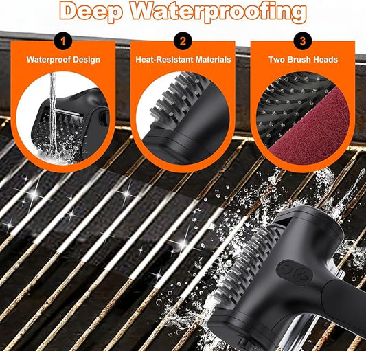 Electric Grill Brush for Outdoor Grill,2600mAh Rechargeable Electric Grill Cleaner with 2-Speed(Max 1000RPM),2 Replacement Heads and LED Light for Outdoor/Camping BBQ Grates Cleaning Tool (Black)