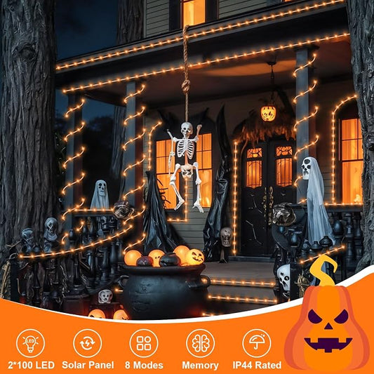 QITONG 2 Pack Solar Halloween Lights, Each 33ft 100 LED Orange String Lights, 8 Modes Fairy Lights in Clear Thin Tube for Thanksgiving Fall Decor