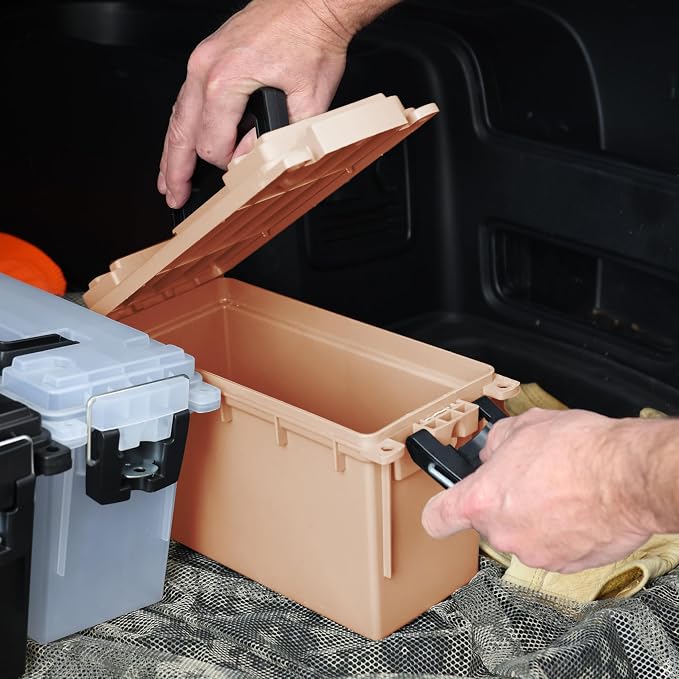 Sheffield Ammo Box Made in USA, Stackable Lockable Ammo Storage Box, Tan | Lockable Storage Box, Water and Dust Resistant Dry Box, Secures Hunting Gear, Gun Accessories, Supplies, and Bullets