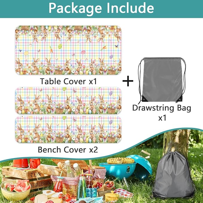 Easter Picnic Table Cover with Bench Covers, Camping Essentials, Easter Buffalo Plaid Bunny Eggs Flowers Outdoor Table Covers, Waterproof, Fitted Tablecloth Cover with Elastic Edge, 3 PCS, 30x60 Inch