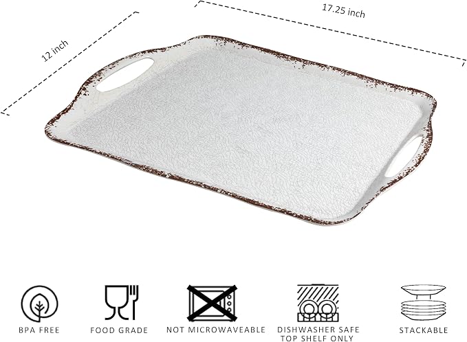 LEHAHA Vintage White Large Serving Tray with Handles, 17.25x12 inch, Set of 2 Melamine Platters for Serving Food, Turkey, Cookie, Rectangular Trays for Eating, Crackled Finish with Rustic Raised Rim.