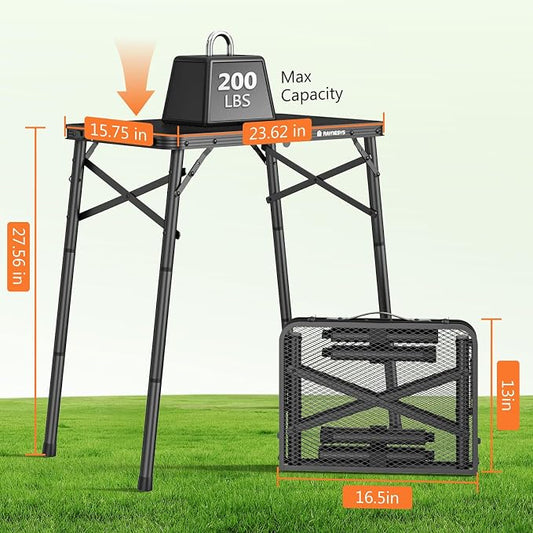 Raynesys Portable Folding Grill Table for Outside for Picnic, Camping | 3 Height Adjustable Small Camping Table with Mesh Bag, Metal Aluminum Folding Table, 23.62 x 15.75 inches, Black