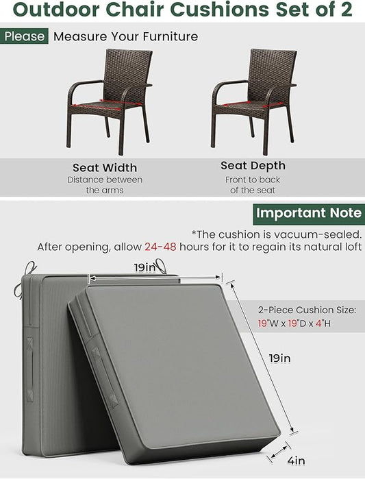 Outdoor Chair Cushion 19 x 19 x 4 Inches Patio Furniture Outdoor Waterproof Seat Cushion, Patio Chair Cushion with Handles and Ties, Square Dining Chair Cushion Set of 4, Light Grey