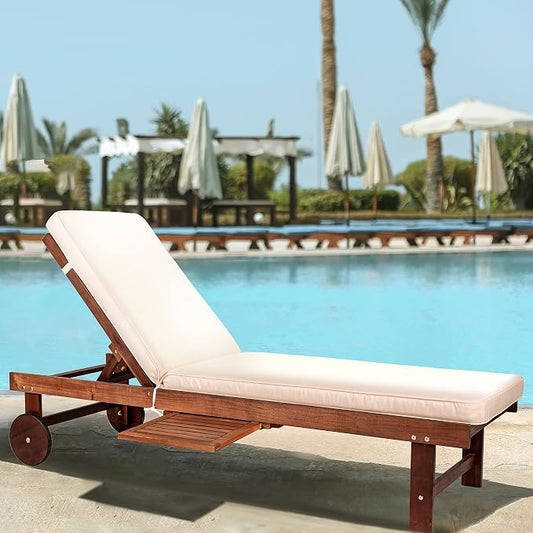 JONATHAN Y Seabrook 23.62" x 68.9" Acacia Wood Outdoor Chaise, Dark Brown | 5-Position Adjustable Back, Ivory Polyester Cushion, Pull-Out Side Table, Built-In Wheels, 600lb Capacity, Modern Coastal