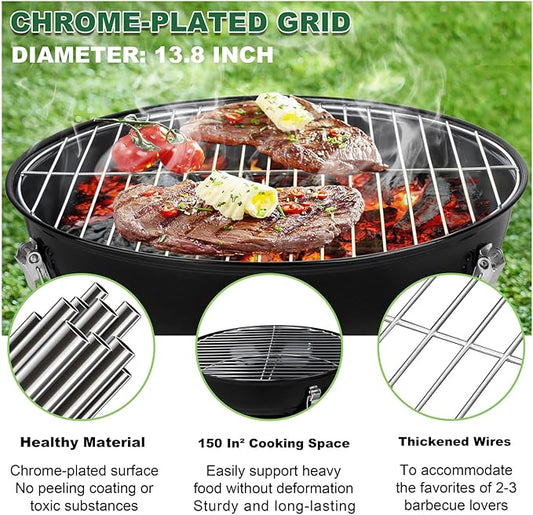 14 inch Charcoal Grill, Joyfair Small Portable BBQ Grill with Locking Lid for Outdoor Camping/Patio/Backyard Barbecue/Tabletop Cooking, Enamel Coated & Dual Vent System (Black)