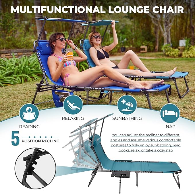 FUNDANGO 4 in 1 Tanning Chair with Face Hole, Beach Lounge Chair with Canopy Shade & Side Table Chaise Lounge Chairs for Patio, Pool, Lawn, Sunbathing, 5-Position Adjustable Sun Lounger, Cyan