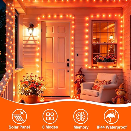YEGUO Orange Solar Thanksgiving Lights Outdoor Waterproof, 4 Pack Each 33ft 100 LED Solar Fairy Lights, 8 Modes Solar String Lights