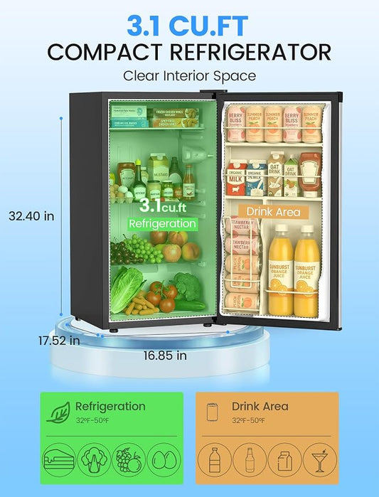 COWSAR 3.1 Cu.ft Mini Fridge, Compact Dorm Size Refrigerator with Reversible Single Door, Adjustable Thermostat, Energy Saving, Commercial Small Fridge for Bedroom Apartment Office, Silver