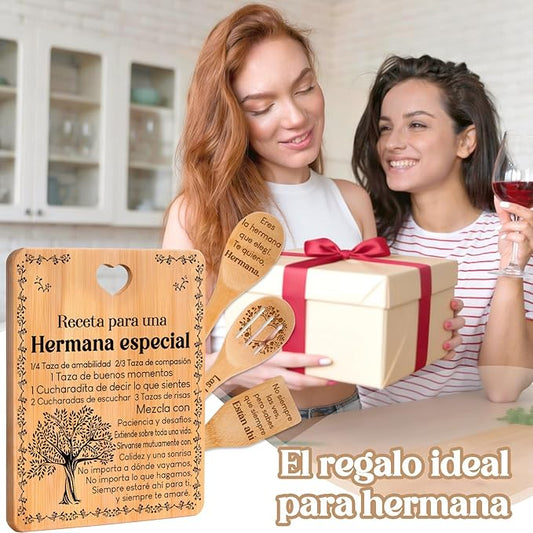 Regalos de cumpleaños para Hermana - "Receta para una Hermana especial". Juego de tablas de cortar y utensilios de bambú grabados. Regalos de cumpleaños para Hermana. Spanish Sister Cutting Board