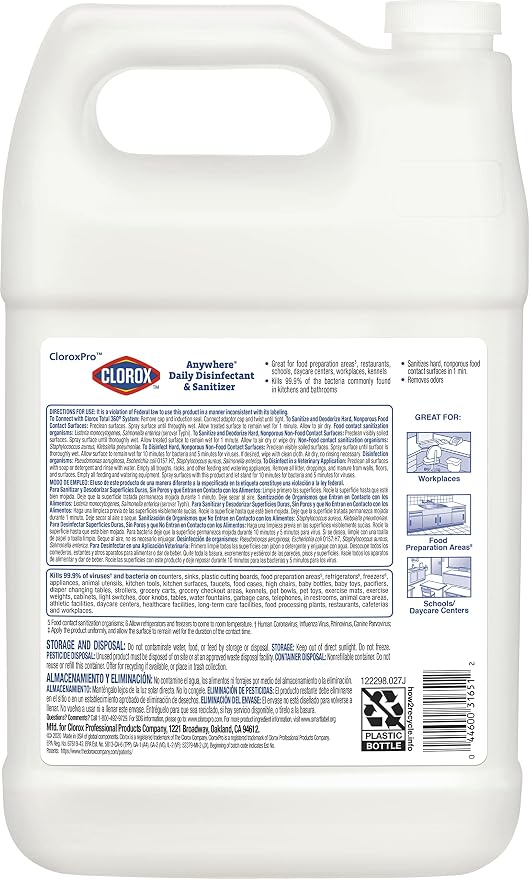 CloroxPro Anywhere Daily Disinfectant and Sanitizer, No-Rinse Food Contact Sanitizer, Refill, 128 Fluid Ounces