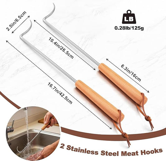 Stainless Steel Pigtail Food Flipper, HaSteeL 17Inch Meat Turner Hook for Right Handed, Grill Accessories Steak Flippers With Wooden Handle for Outdoors Griddle BBQ Grilling Kitchen Cooking, Large