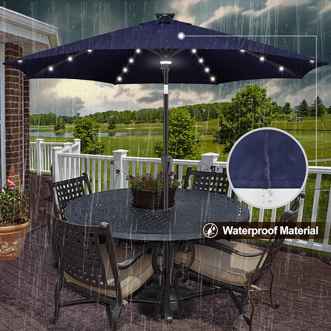 FLAME&SHADE Solar Patio Umbrella with a Centre Light, 9 FT Navy Blue | 40 LED Lights, UV Protection, Waterproof, Porch Deck Outdoor Umbrella for Pool, Backyard, Garden, Provides Evening Lighting