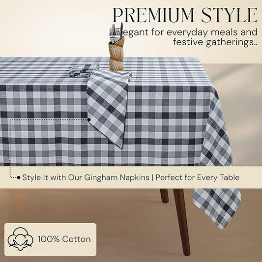 Light and Dark Grey with Natural Plaid Gingham Check Tablecloth, 60x102 Inch, 100% Cotton, Washable, Reusable Farmhouse Table Linen for Holiday, Weddings, Everyday Dining Table Cover