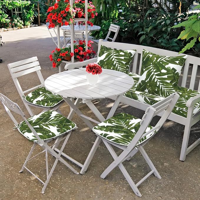DYTXIII Set of 4 Outdoor Chair Cushions with Ties,Water Repellent Patio Chair Pads 17"x 16" for Outdoor Furniture,Round Corner Seat Cushions for Garden Yard Kitchen Palm Green