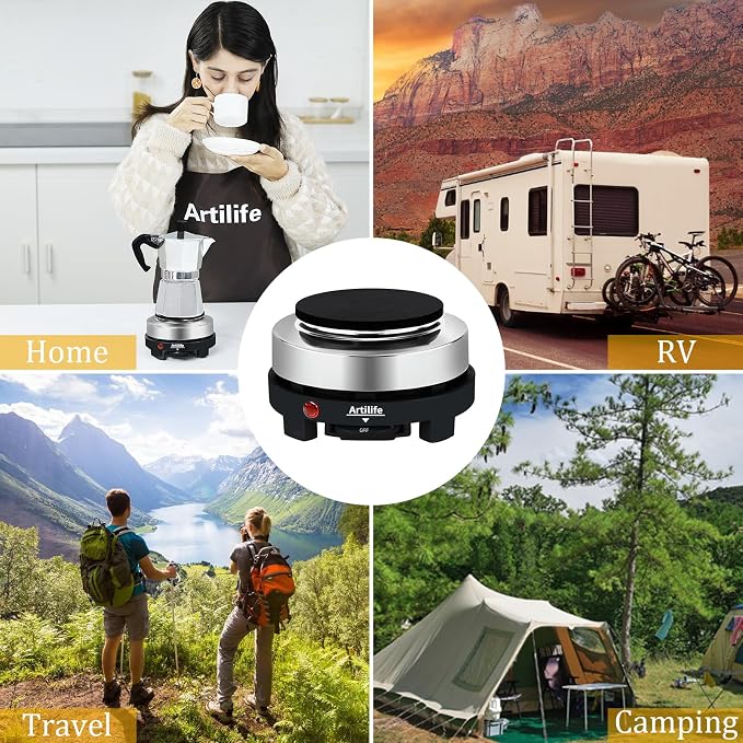 Artilife 500W Mini Electric Hot Plate - Moka Pot Special, 110V Compact RV Camping Stove, 4" Cast Iron Burner for Coffee, Low Wattage Portable (Silver)