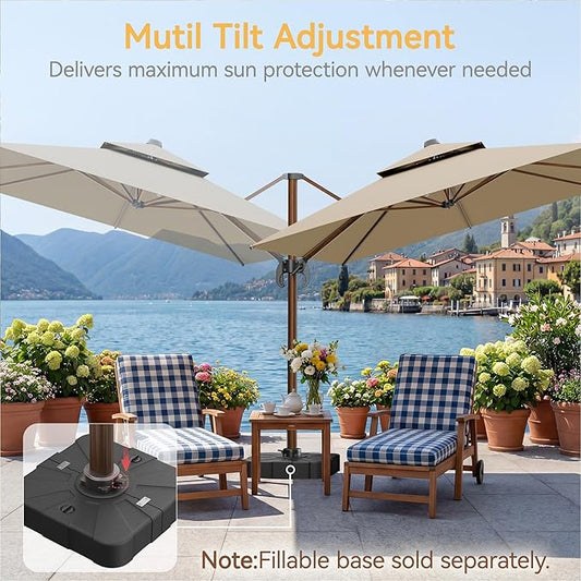 10x13 FT Wood Pattern Patio Umbrella, Large Deluxe Cantilever Rectangular Double Top Heavy Duty Offset Umbrellas with 360° Rotation, Outdoor shade for Garden Deck Pool Patio, Tan