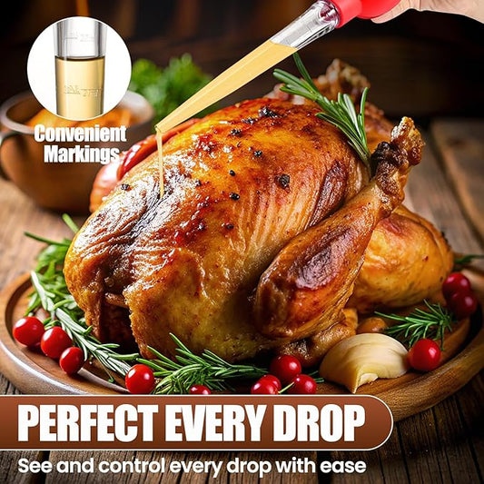 OLESBUR Premium Turkey Basters for Cooking – Baster Syringe for Hot Liquids – Meat and Food Injector – Essential Thanksgiving Cooking Tool – Turkey Baster Large with Cleaning Brush (Red)