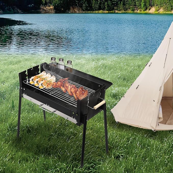 Portable Charcoal Grill with 3-Gear Height Adjustment – 3-8 Person 201 Stainless Steel Freestanding BBQ for Backyard Camping & Family Cookouts w/25.79x11.42in Cooking Surface