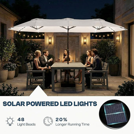 15FT Large Outdoor Patio Umbrella with Solar Lights and Base, Double-Sided Table Umbrellas with 48 LED Lights, Rectangle Market Umbrella for Pool, Deck, Backyard