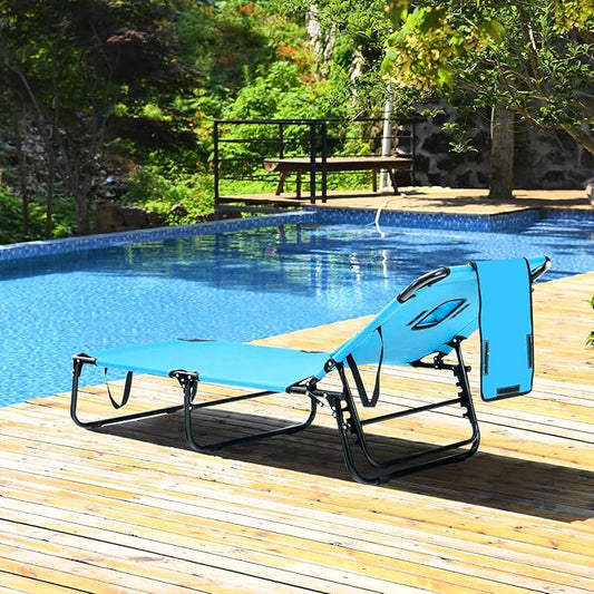 GYMAX Tanning Chair, 330lbs Beach Lounge Chair with Face Hole, Washable Pillow & Carry Strap, Adjustable Folding Chaise Lounge, Layout Lounger for Outside, Patio, Poolside, Lawn (2, Arctic)