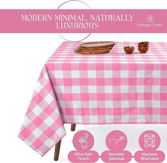 Rose Pink and White Buffalo Check Tablecloth, 52x70 Inches, Plaid Table Cover, 100% Cotton, Washable and Reusable, Perfect for Baby Showers, Birthdays, Weddings and Holiday Gatherings