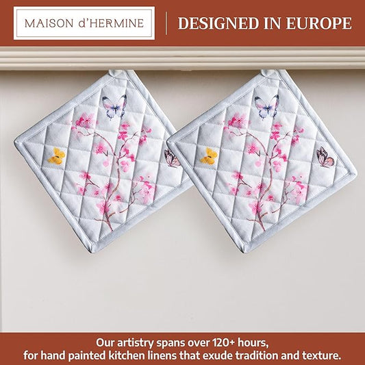 Maison d' Hermine Pot Holders 100% Cotton Heat Resistant Potholders 8" x 8" Hot Pads with Loop Cooking Baking Hotel Farmhouse Kitchen Handling Hot Pans Spring Summer (Pack of 2, Blossoms in Spring)