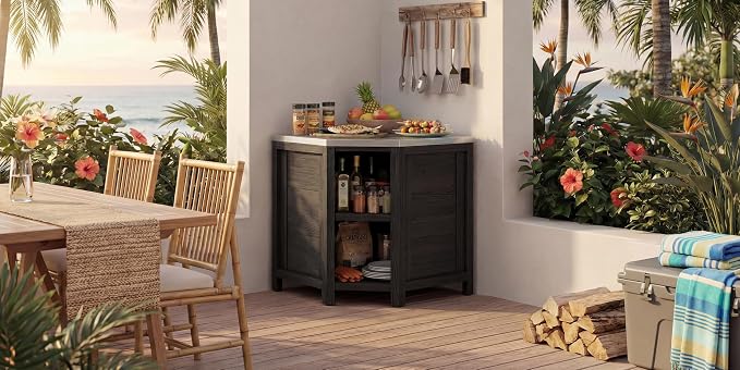 MOUMON Corner Patio Kitchen Storage Cabinet with Stainless Steel Countertop, Solid Cedar Patio Prep Table for Grilling, Outdoor Cooking Station, Dark Grey 35.4”W x 35.4”D x 37.4”H