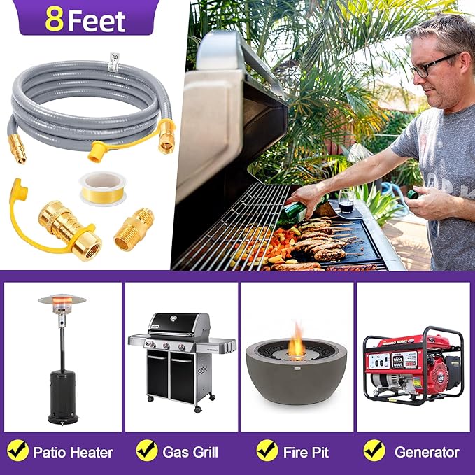 GasSaf 8FT 3/8" ID Natural Gas Hose, Natural Gas Grill Hose Conversion Kit Suitable for Weber Grills, Blackstone Griddles, Generator, Patio Heater (with Sealing Tape)