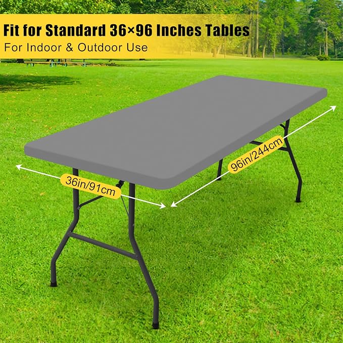 Smiry Rectangle Tablecloth, Elastic Fitted Flannel Backed Vinyl Tablecloths for 8ft Folding Tables, Waterproof Wipeable Table Covers for Indoor, Outdoor, Picnic and Camping (Grey, 36"x96")