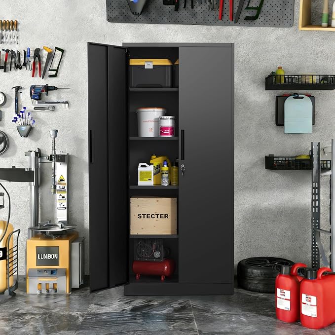 Metal Storage Cabinet with Lock, 71"H Garage Storage Cabinet, Black | Storage Cabinet with 2 Doors and 4 Adjustable Shelves, Steel Locking File Cabinet for Garage Office Home, 71"H x 16"D x 32"W