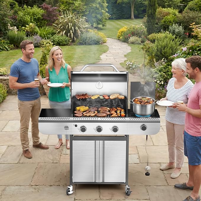 R.W.FLAME 3-Burner Gas Grill with Side Burner, 34000 BTU Propane BBQ Grill, Stainless Steel Outdoor Grill with Porcelain-Enameled Grates for Backyard, Patio, Camping