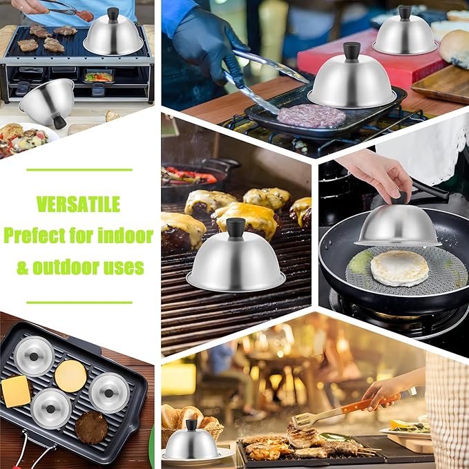 HaSteeL 6 Inch Basting Cover, Stainless Steel Melting Dome Set of 2, Small Metal Steaming Cover Grill Lid for Cheese Burger, Ideal for Indoor & Outdoor Flat Top Griddle Teppanyaki, Dishwasher Safe