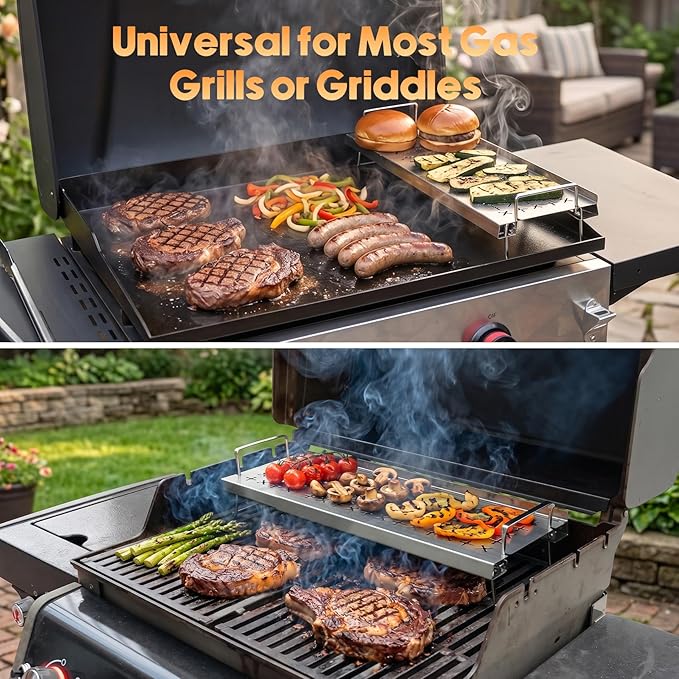 Skyflame Adjustable Griddle Warming Rack for 17" 22" 28" 36" Flat Top Griddle, Universal Grill Rack with Foldable Legs and Raised Edge, Compatible with Blackstone, Weber, Charbroil, Camp Chef