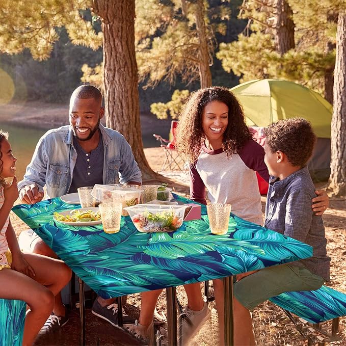 Tropical Palm Leaves Picnic Table Cover with Bench Covers, Hawaiian Green Leaf Waterproof Windproof Camping Rectangle Tablecloths Fitted Picnic Table Cover for Outdoor, Picnic, Camping, 72x28 In