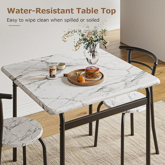 VECELO 3-Piece Dining Table Set for Kitchen Breakfast Nook, Faux Marble Square Tabletop and Metal Frame, for Small Spaces, White & Black
