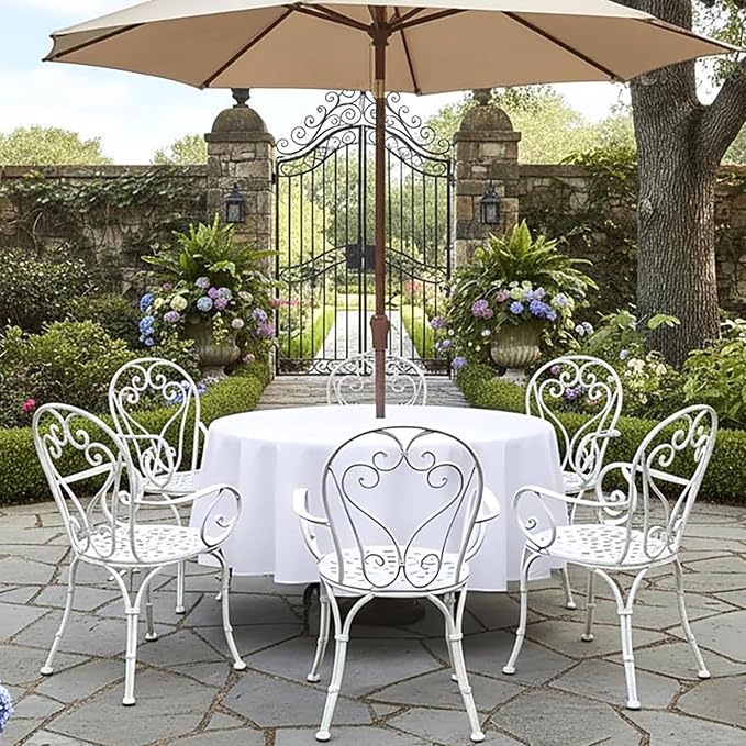 LUSHVIDA Round Outdoor Tablecloth with Umbrella Hole and Zipper for Wedding Christmas Gift, 60 Inch White for 20-48 Inch Tables, Washable Waterproof Spill Proof Table Cloth Cover for Patio Picnic
