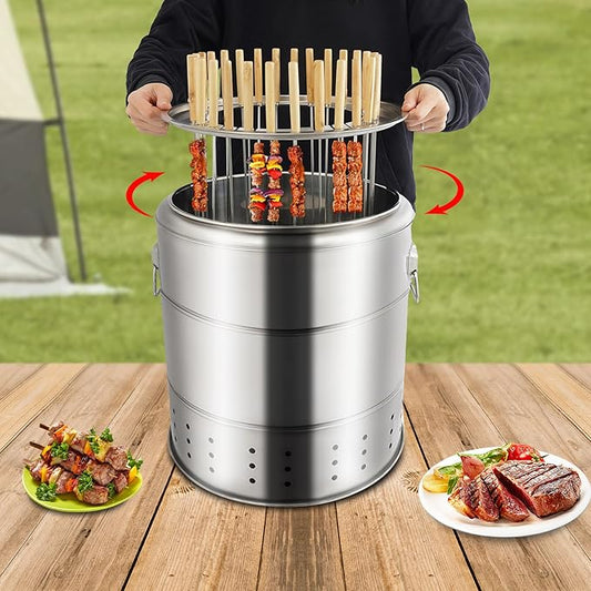 Portable Smokeless Barbecue Charcoal Barrel Grill, Stainless Steel Surround Charcoal Kebab Grill with 28 Skewers for Picnics, Camping, BBQ, 15.4 x 16.9in