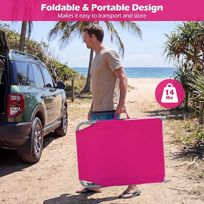 COSTWAY Tanning Chair with Face Hole, Folding Beach Lounge Chair with 4-Position Adjustable Backrest, Pillow & Side Pocket, Foldable Chaise Lounge Chair Outdoor for Sunbathing, Camping (2, Pink)