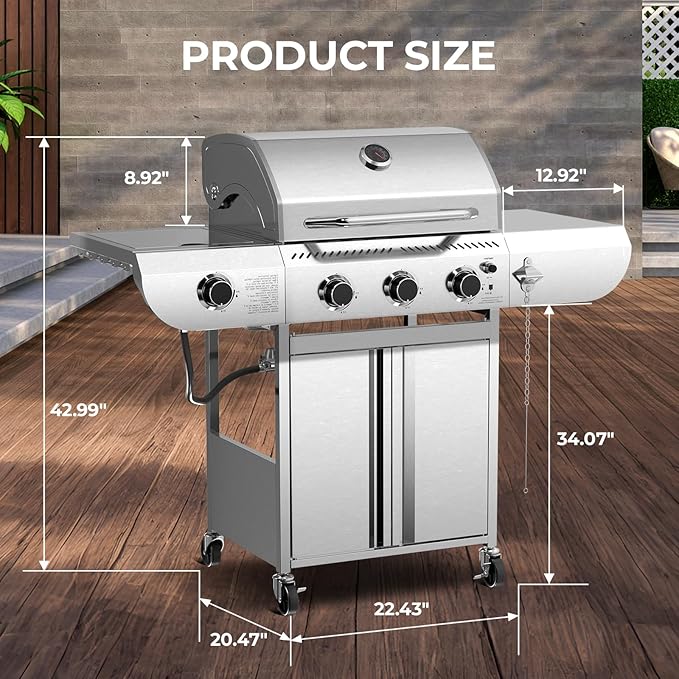 34,000 BTU 3-Burner Propane Gas Grill with Side Burner, All Stainless Steel BBQ Grill, Cast Iron Grates & Portable Cart with Wheels,Outdoor Barbecue Grill for Backyard, Patio, Camping (G31 PRO)