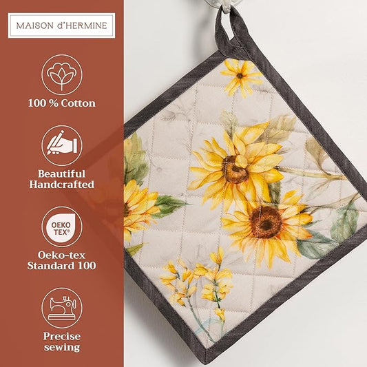 Maison d' Hermine Pot Holders 100% Cotton Heat Resistant Potholders 8" x 8" Hot Pads with Loop BBQ Cooking Baking Hotel Farmhouse Kitchen Handling Hot Pans Spring Summer (Pack of 2, Candice)