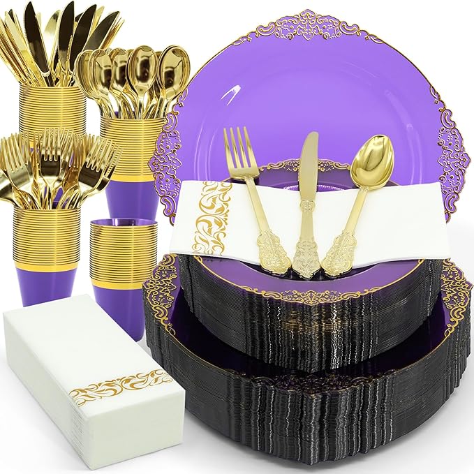 AIRE 175PCS Purple Gold Plastic Plates for Party Dinnerware Sets for 25 Guests, Vintage Disposable Plastic Party Plates Cups Spoons Forks Knives Napkins for Wedding Birthday Christmas BBQ Parties
