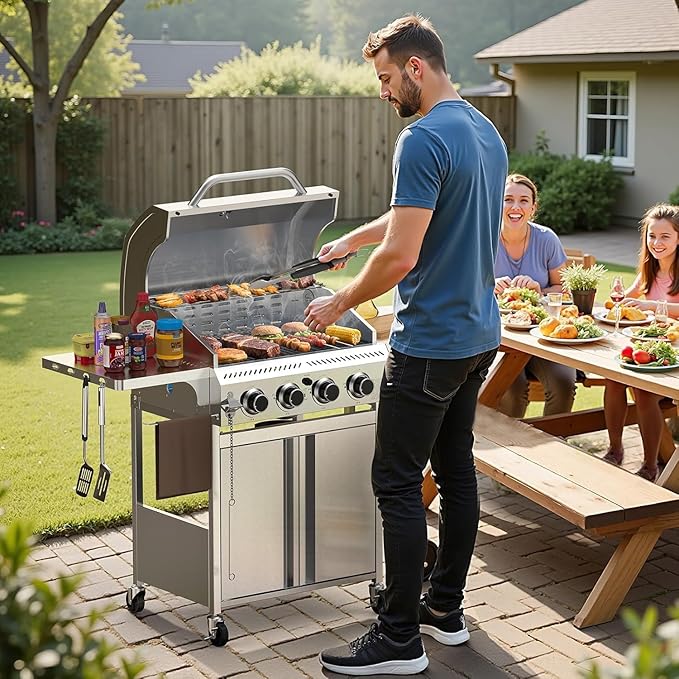 R.W.FLAME 4-Burner Gas Grill, Propane Grill with Folding Side Tables, Heavy-Duty Thickened Stainless Steel Grill, 32,000 BTU BBQ Grill for Outdoor Cooking, Barbecue, Garden and Patio Backyard