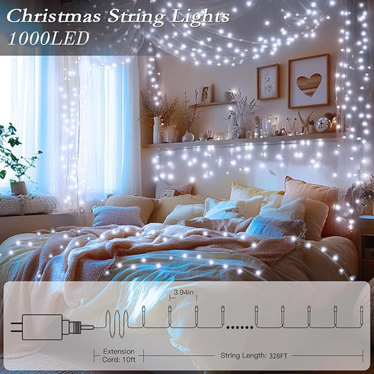 328FT 1000 LED Christmas Tree Lights, Bright Cool White Outdoor Christmas String Lights for House, Fairy Lights with 8 Modes, Waterproof & Durable Indoor Outdoor Decor, Timer Included