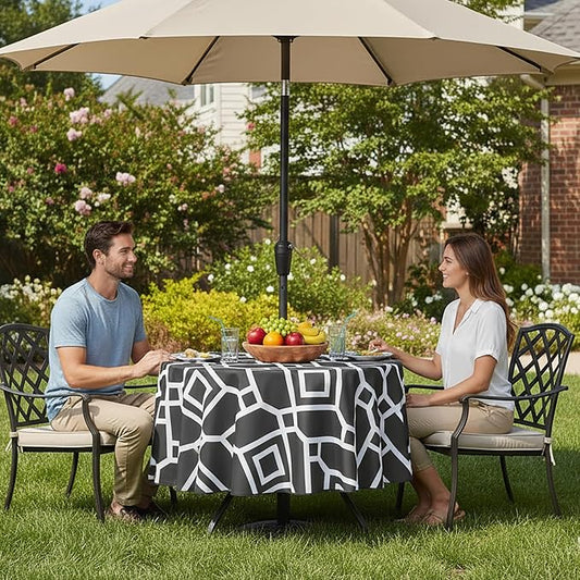 LUSHVIDA Moroccan Outdoor Round Tablecloth with Umbrella Hole and Zipper, 60 Inch Black, Waterproof Wrinkle Free Table Cloth Decorative Fabric Washable Table Cover for Patio, Party, Picnic