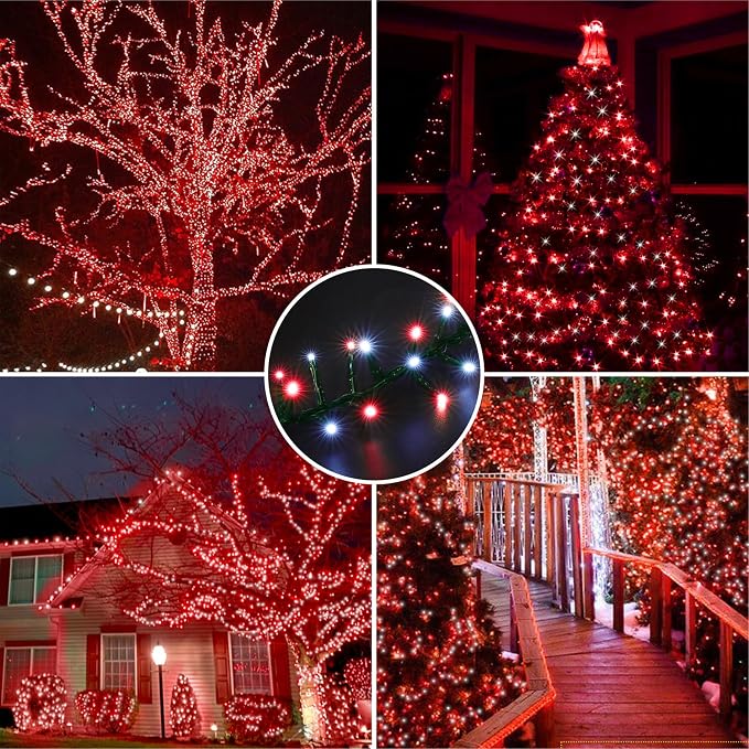 500 LED String Lights Outdoor, 16 Modes Plug in Twinkle Fairy Lights for Bedroom, 46ft 500LED Christmas Lights Cluster Lights Outdoor Waterproof Red&White Bulb