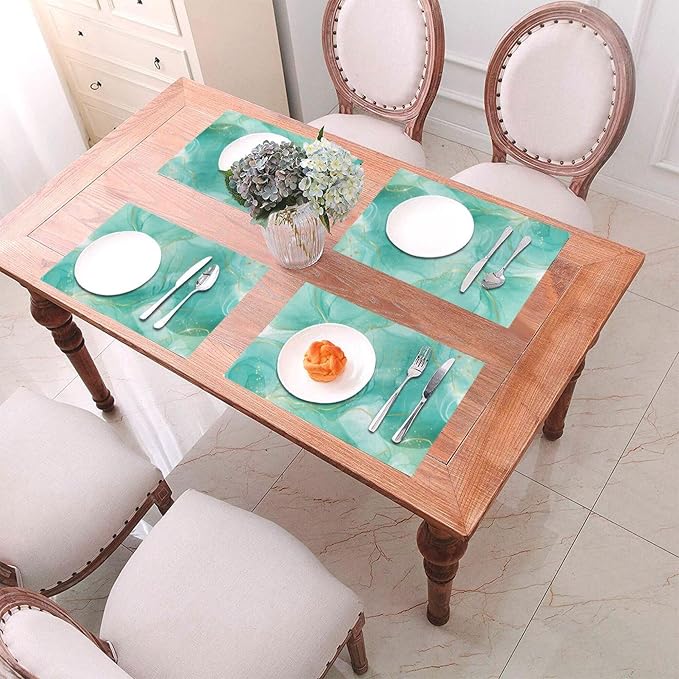 Teal Gold Marble Placemats Set of 4, Linen 12"x18" Green Turquoise | Place Table Mat Washable Heat Resistant For Kitchen Dining Holiday Party Modern Home Decor