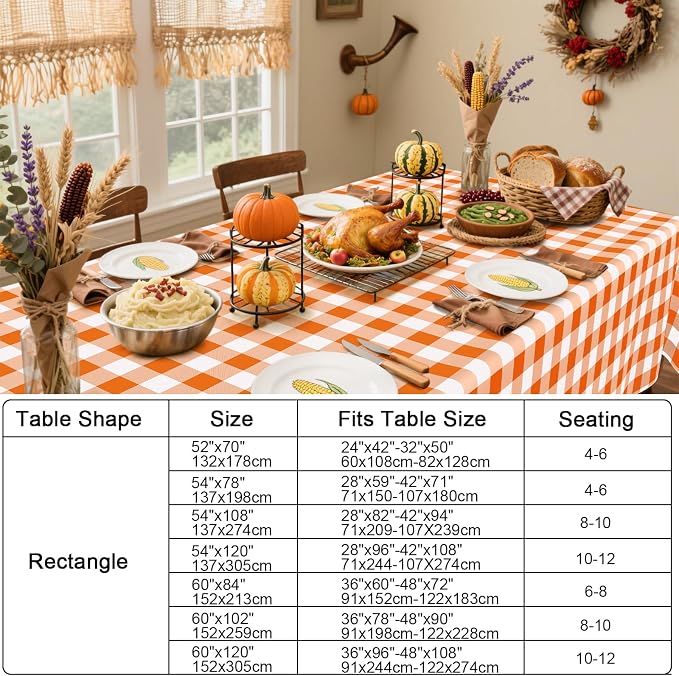Smiry Picnic Table Cloth, Vinyl Tablecloths with Flannel Backing, 60"x102" | Waterproof Rectangle Table Cloth, Wipeable Buffalo Plaid Table Cover for Indoor and Outdoor (Orange & White)