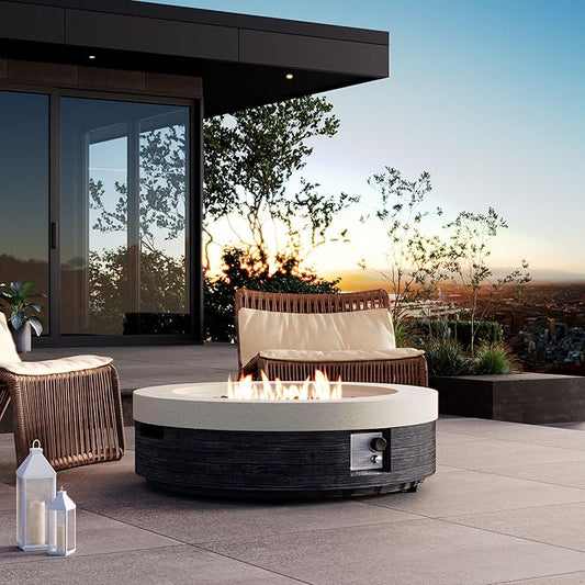 COSIEST 42" Outdoor Propane Fire Pit Table Round Gas Fire Pit Table with Concrete & Wood Grain Design, 50000BTU Electronic Ignition Fire Tables for Patio, Backyard, Garden Heating