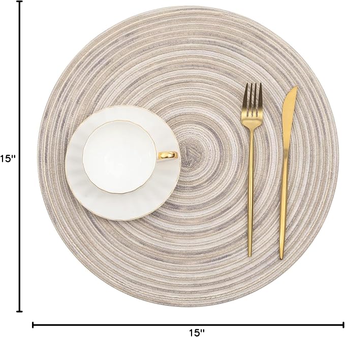 SHACOS Round Braided Placemats 15 inch Set of 6 Washable Kitchen Table Placemats for Home Wedding Party (Rainbow Gray, 6)