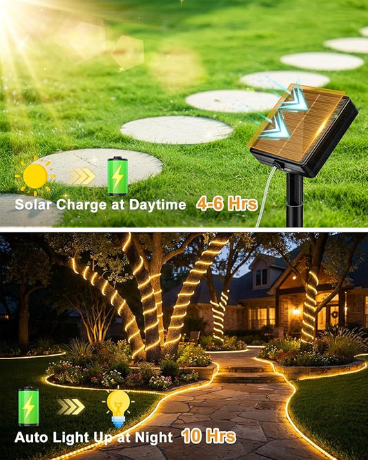 btfarm Solar Rope Lights, 120LED 46FT Solar String Lights Outdoor Waterproof, 8 Lighting Modes Solar Powered Strip Trampoline Light for Outside Garden Tree Christmas Yard Patio Decor, Warm White